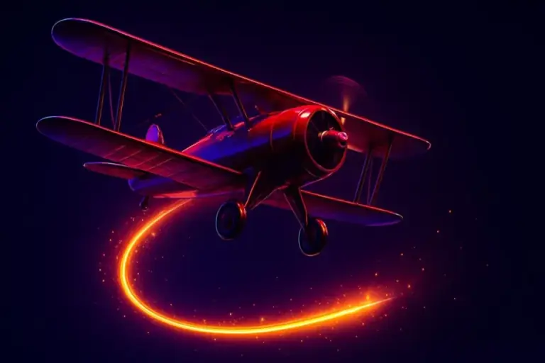 Aviator game card: a red plane against a dark sky with a rising line beneath it