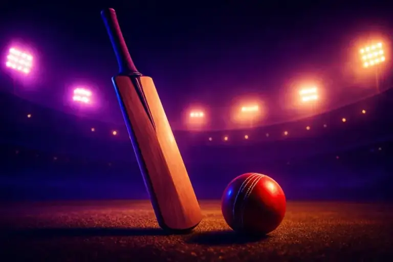 Cricket under floodlights at night, the pitch lit and the stands in the haze