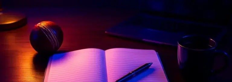 Writing desk under lamp light with a notebook, a pen and a laptop