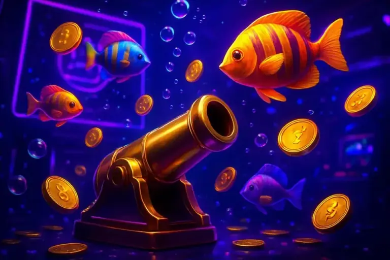 Golden cannon underwater with tropical fish swimming past