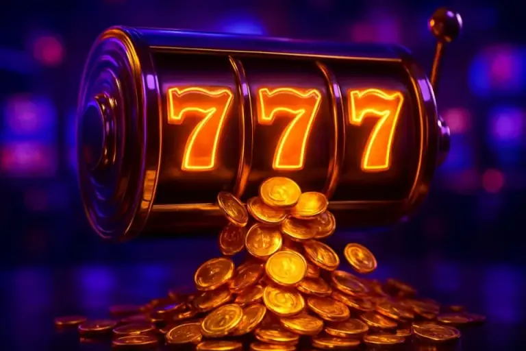 Slot machine reels and a cascade of gold coins under casino lights