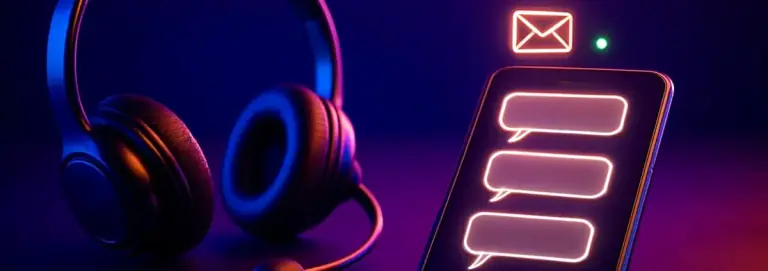 Headset with a microphone beside a smartphone showing chat bubbles