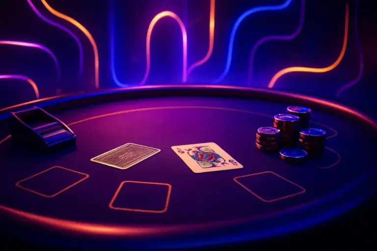 Card table in a live casino studio, chips stacked on the felt