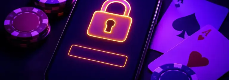 Smartphone showing a login screen with a gold padlock, casino chips and playing cards around it