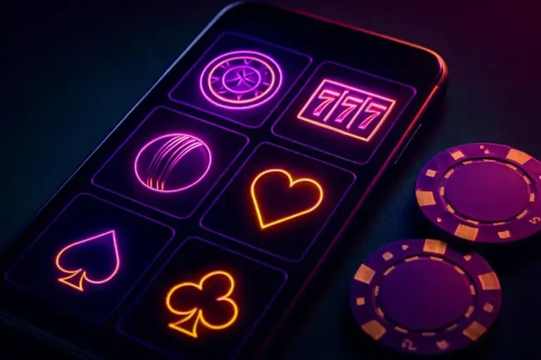 Mobile game lobby with slot, roulette, cricket and card tiles