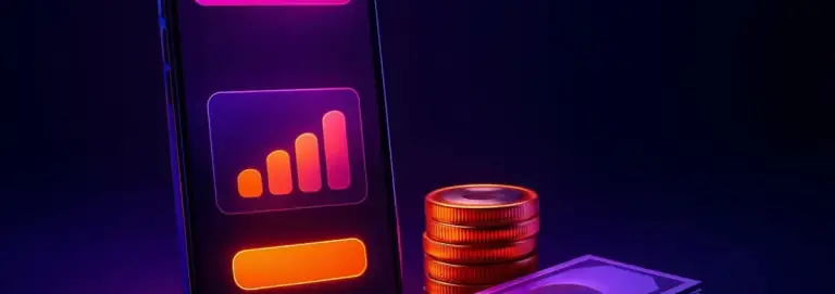 Mobile wallet app on a phone, a balance card on screen and coins nearby
