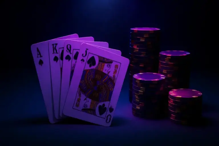 Card table under a single spotlight with cards and chip stacks