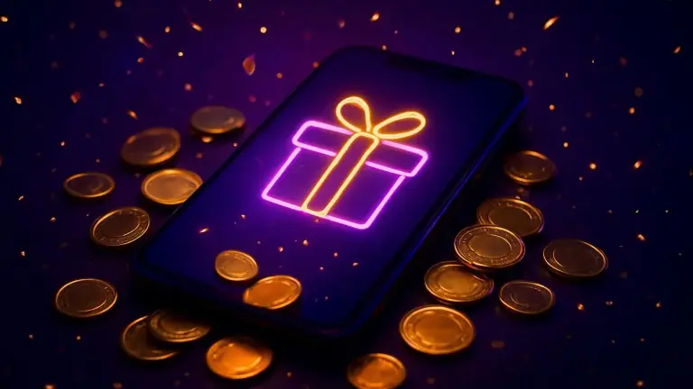 Gift box icon on a mobile screen surrounded by gold coins