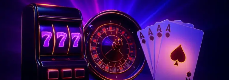 Slots, roulette and card games pictured together on a dark stage